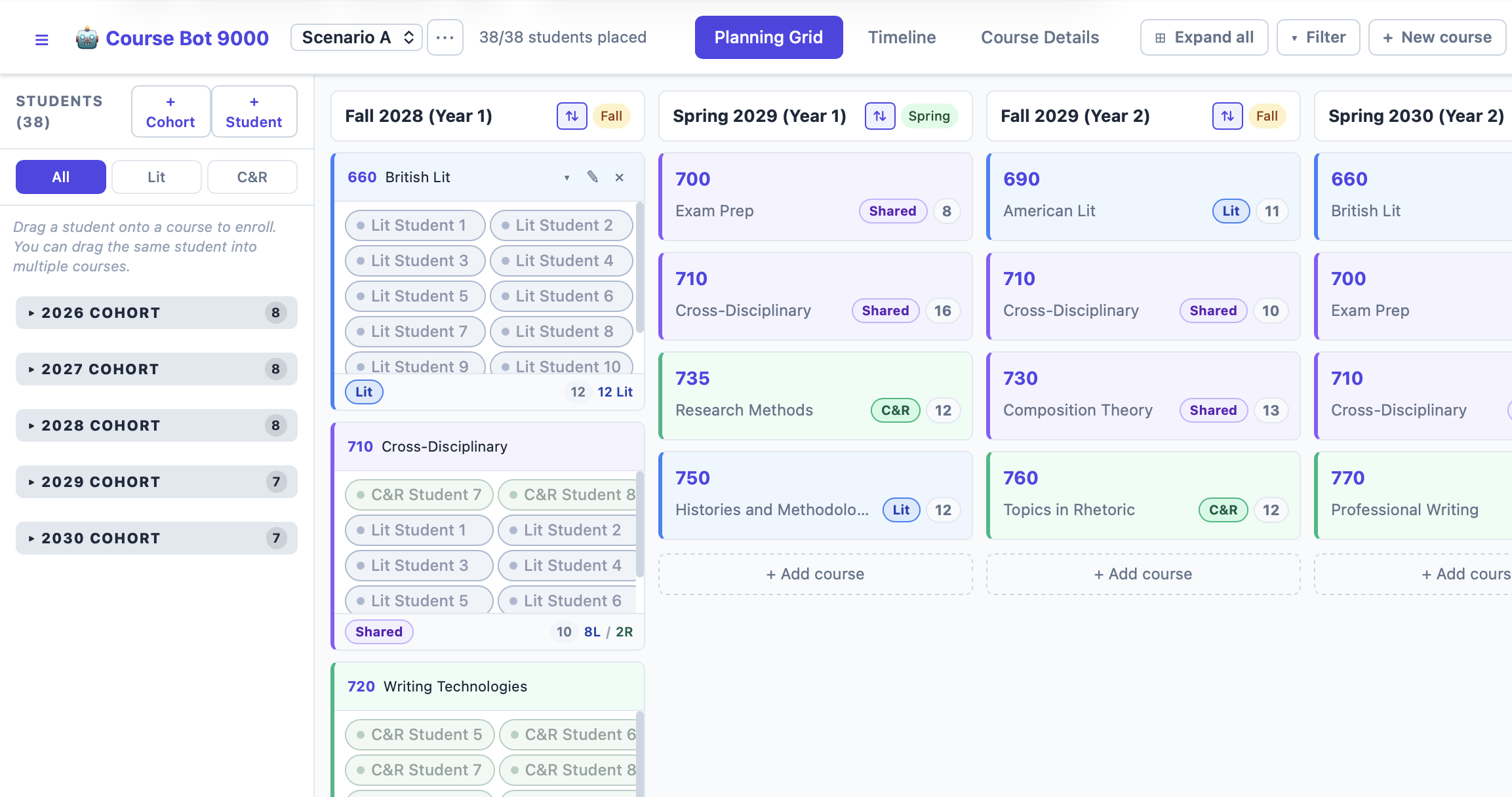 A digital interface displays a course planning grid with various courses and cohorts organized by academic terms.